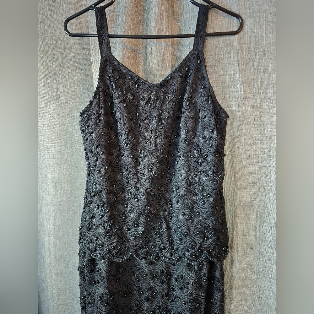 '90s Black Floral Lace Sequin Fully Beaded Pencil Maxi Evening Dress Sz Large